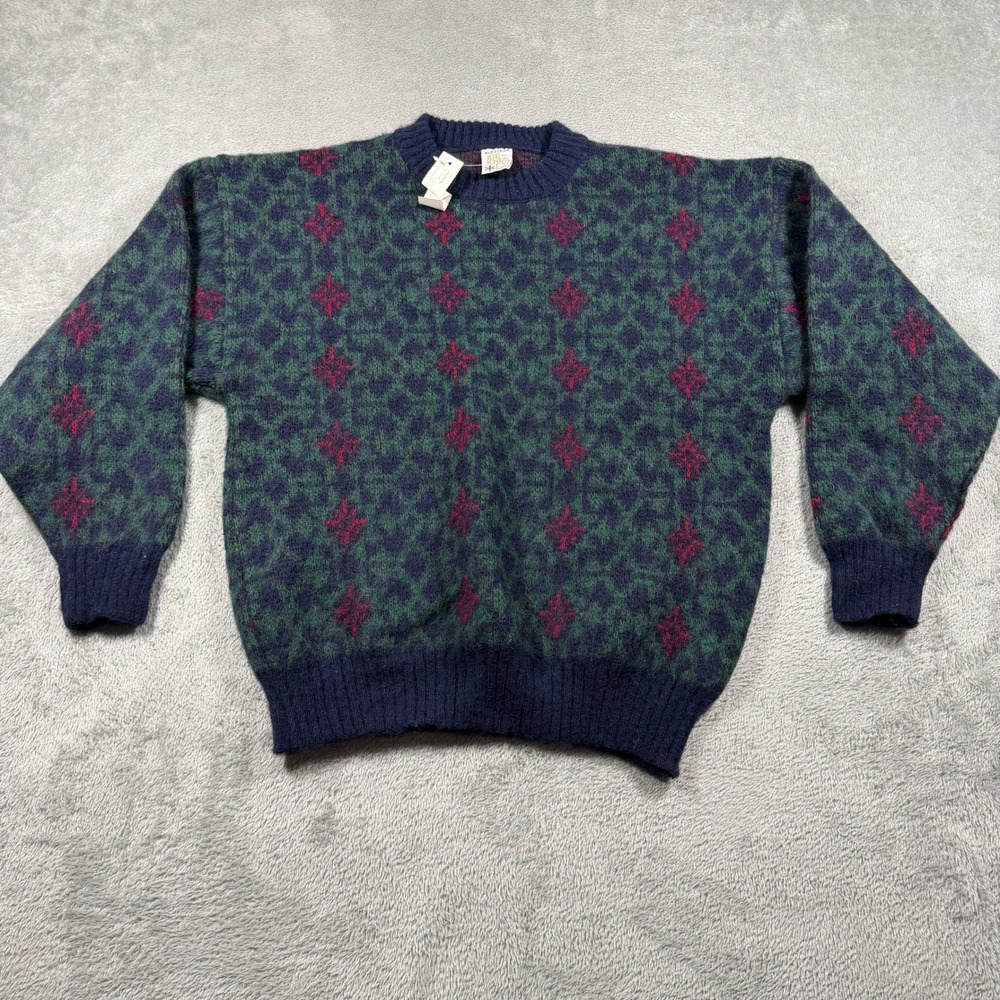 Vtg Ice Knit Icelandic Wool Sweater Mens Small‎ Green Red Geometric Fair Isle